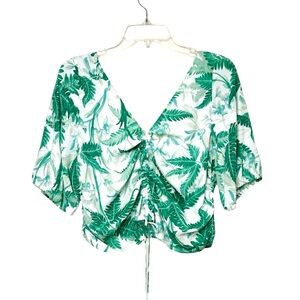 NWT H&M Puffed Sleeve Tropical Cropped Blouse Top Green Floral Size L